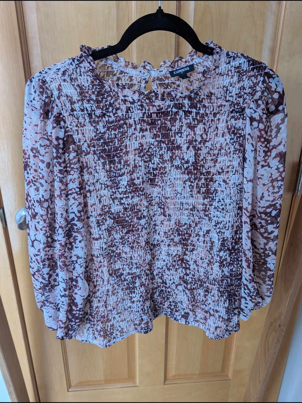 Express Maroon and White Smocked Quarter-Sleeve Blouse